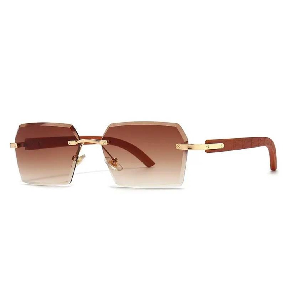 Square Men Sunglasses Rimless Brown Lens Wood Grain Legs Fashion‎ Hip Hop Retro